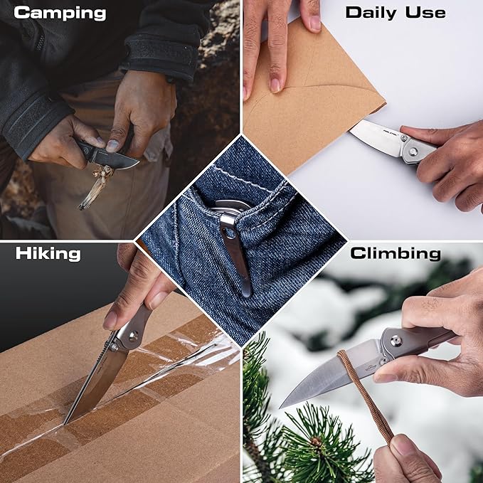 REALSTEEL SYLPH Folding Pocket Knife, Liner Lock, 3.07" Nitro-V Steel Satin Plain Blade, Thumb Stud, Double Bending Steel Handle, 3.35oz, Deep-carry Pocket Clip, EDC Outdoor Indoor, Gifts for Men Women Camping Hiking Climbing (Silver)