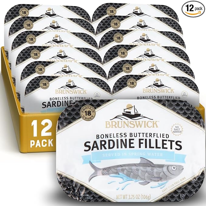 Brunswick Sardines in Spring Water, 3.75 oz Can (Pack of 12) - Boneless Butterflied Sardine Fillets - Wild Caught - 18g Protein per Serving - Gluten Free, Keto Friendly