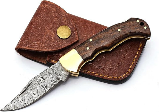 6.5" Handmade Damascus Steel Folding Hunting Knives For Men, Pocket Knife For Camping, Survival, Skinning And Outdoor Activities With Leather Sheath. (Rosewood)