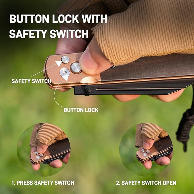 ARTISANCUTLERY Holm Folding Pocket Knife, Folding Knife with 3.10'' AR-RPM9 Steel, Handle with Rose Gold PVD Steel and Ebony Inlay, Button Lock with Safety Switch EDC Knife for Men, 1875P Rose Gold