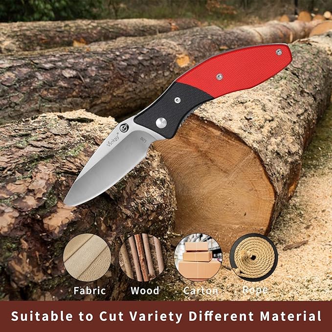 Vickay Pocket Knife, Folding Knife with Clip, EDC Knife for Men & Women, 3in 8Cr13MoV Stainless Steel Blade, G10 Handle, Liner Lock, Perfect for outdoor Camping, Tactical, Fishing and Hunting ( Black & Red )