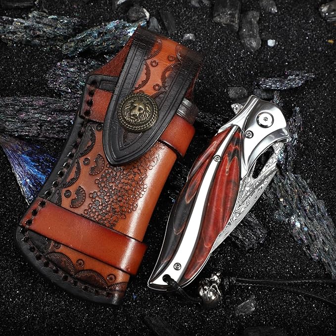 Handmade Japanese VG10 Damascus steel Folding Pocket Knife，With leather case，Liner Lock，3.1in high hardness blade，Wooden Handle，men's folding knife hiking trip EDC tool Knife