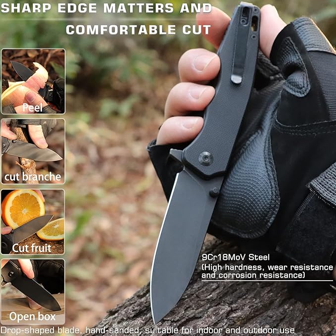 Folding Pocket Knife Handfeel, 9Cr18MoV Blade with G10 Durable Handle,EDC Knife with Clip, SharP Camping knives