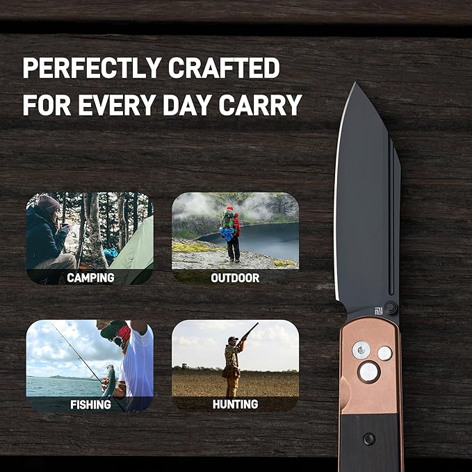 ARTISANCUTLERY Holm Folding Pocket Knife, Folding Knife with 3.10'' AR-RPM9 Steel, Handle with Rose Gold PVD Steel and Ebony Inlay, Button Lock with Safety Switch EDC Knife for Men, 1875P Rose Gold