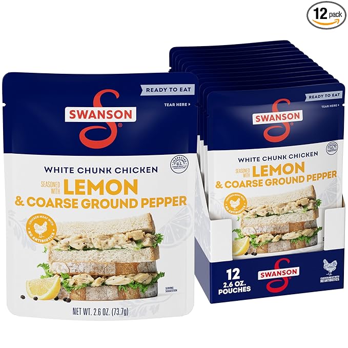 Swanson Lemon and Coarse Ground Pepper White Chunk Cooked Chicken, Ready to Eat, On-the-Go Meals, 2.6 oz Pouch (Case of 12)