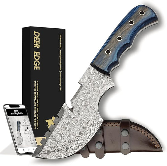 9.5" Handmade Damascus Knife with Leather Sheath | Ultimate Outdoor Ally | Damascus Steel Blade with Blue Micarta Handle | Blue Handle with Sheath Included | Unrivaled Camping Excellence