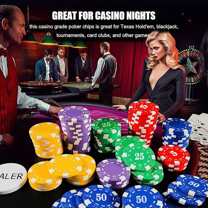 100Pcs Poker Chip with Denominations, Casino Poker Chips Set with Numbers, 11.5 Gram Clay Composite Plastic Poker Chips for Casino Card Games Texas Holdem Blackjack (General Packaging)