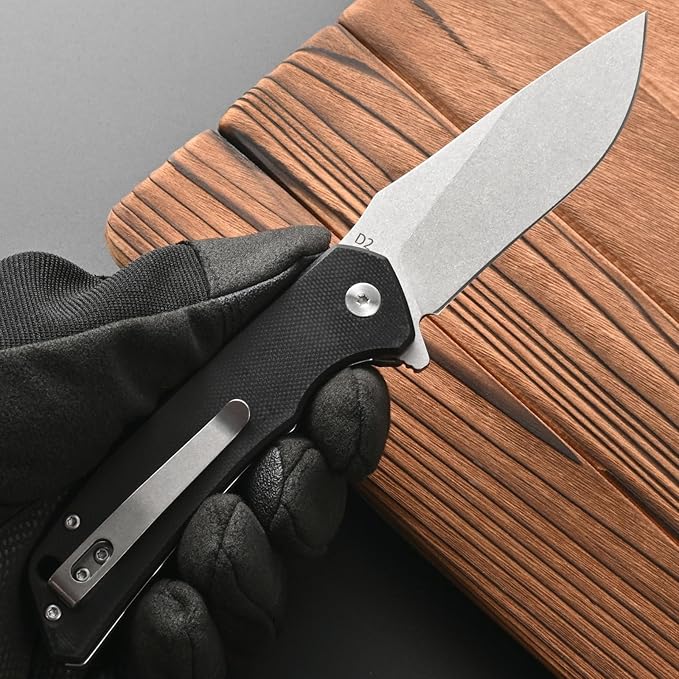 FF17 Folding Pocket Knife,D2 Steel Blade G10 Handle EDC Tool Knife for Outdoor Camping,Hiking,Hunting Fishing (Black)