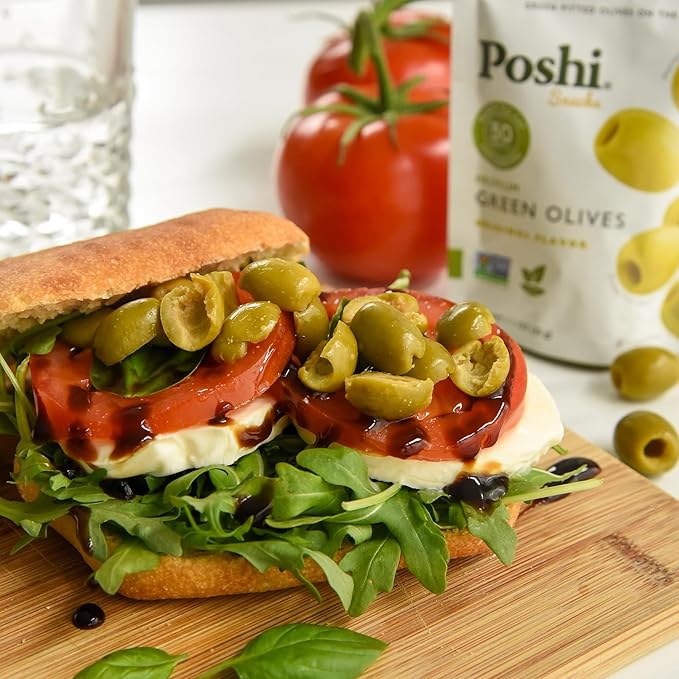 Poshi Green Olives On-The-Go - Original Flavor - Single Serve Pitted Olives - Convenient and Healthy Snack Packs - All Natural, Non-GMO, Kosher, Gluten-Free - 1.1 Oz Bags (10/Pack)
