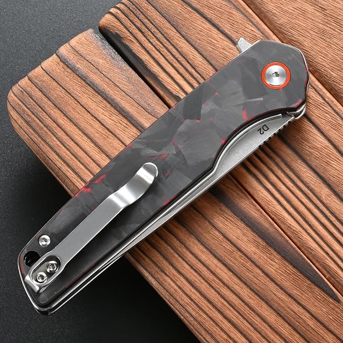 FF19 Folding Pocket Knife，D2 Steel Blade Carbon Fiber Handle EDC Tool Knife for Outdoor Camping Hunting Fishing Working(Red)