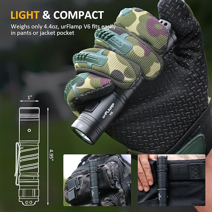V6 1300 Lumens Rechargeable Flashlight, Compact & Powerful LED Flashlights with Type-C Fast Charging, Smart Battery Indicator, 6 Light Modes, IP68 Waterproof for Outdoor, Camping, Emergency