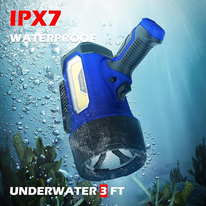 FORTO Rechargeable Spotlight Flashlight, 200000 Lumens Handheld Spotlight with Foldable Stand, 6 Modes IPX7 Waterproof LED Spot Lights for Boating Hunting Camping Hiking (Blue)