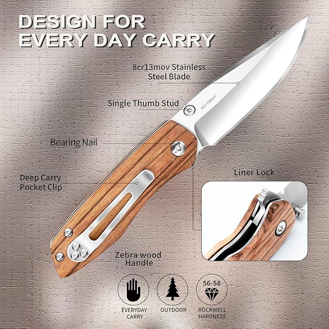 Vickay Folding Pocket Knife with Clip, 2.95" 8Cr13MoV Steel Blade, Wood Handle EDC Knife for Men & Women, Liner Lock Knife for Camping, Hunting, Tactical, Survival Father?˜s Day Gift