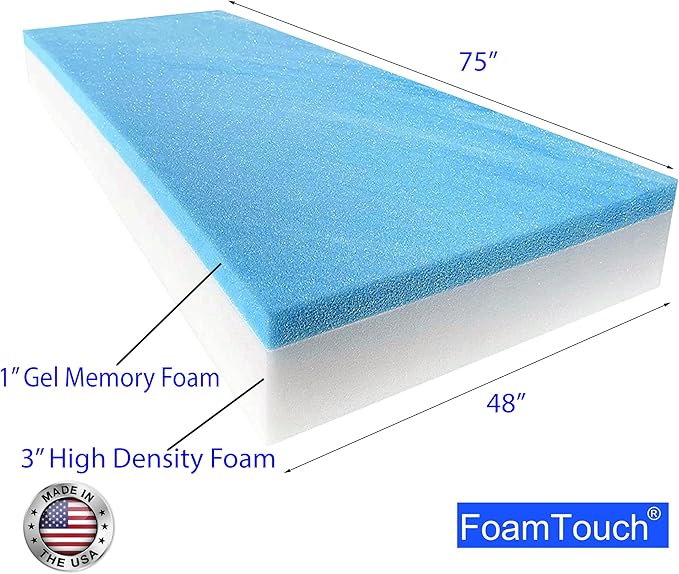 FoamTouch 4" Height x 48" Width x 75" Length Camper/RV bunk Mattress with Gel Memory Foam -No Cover