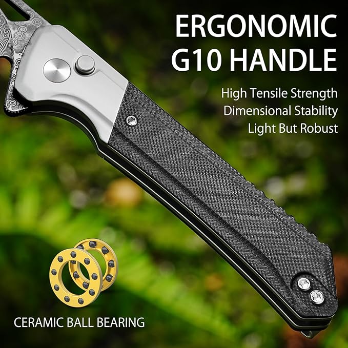 NedFoss ELF Damascus Pocket Knife for Men, 3.3" Button Lock EDC Folding Knife with G10 Handle, Flipper Open, Reversible Deep Carry Pocket Clip, Lightweight Slim Utility Cool Knives for Women