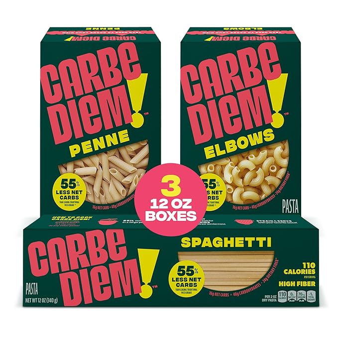 Carbe Diem!, Trio Sampler Pack, Spaghetti, Penne & Elbow, Lower Net Carb Pasta with Traditional Flavor & Texture, 8 grams of Protein, Only 110 Calories Per Serving, Pack of 3