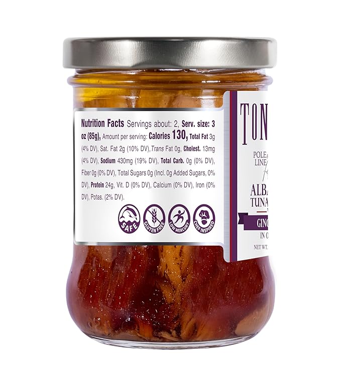 Tonnino Tuna Fish Albacore - Olive oil with Ginger soy ??Pack of 6 ??Alternative to Salmon ??Protein Snacks ??Ready to Eat Meals