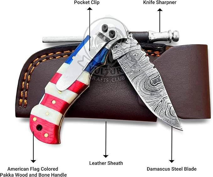 Damascus Steel Pocket Knife with Clip and Leather Sheath - EDC Knife for Outdoor and Camping Activities, Handmade Folding Knife, Free knife Sharpner (American Flag handle) (American Flag Handle)