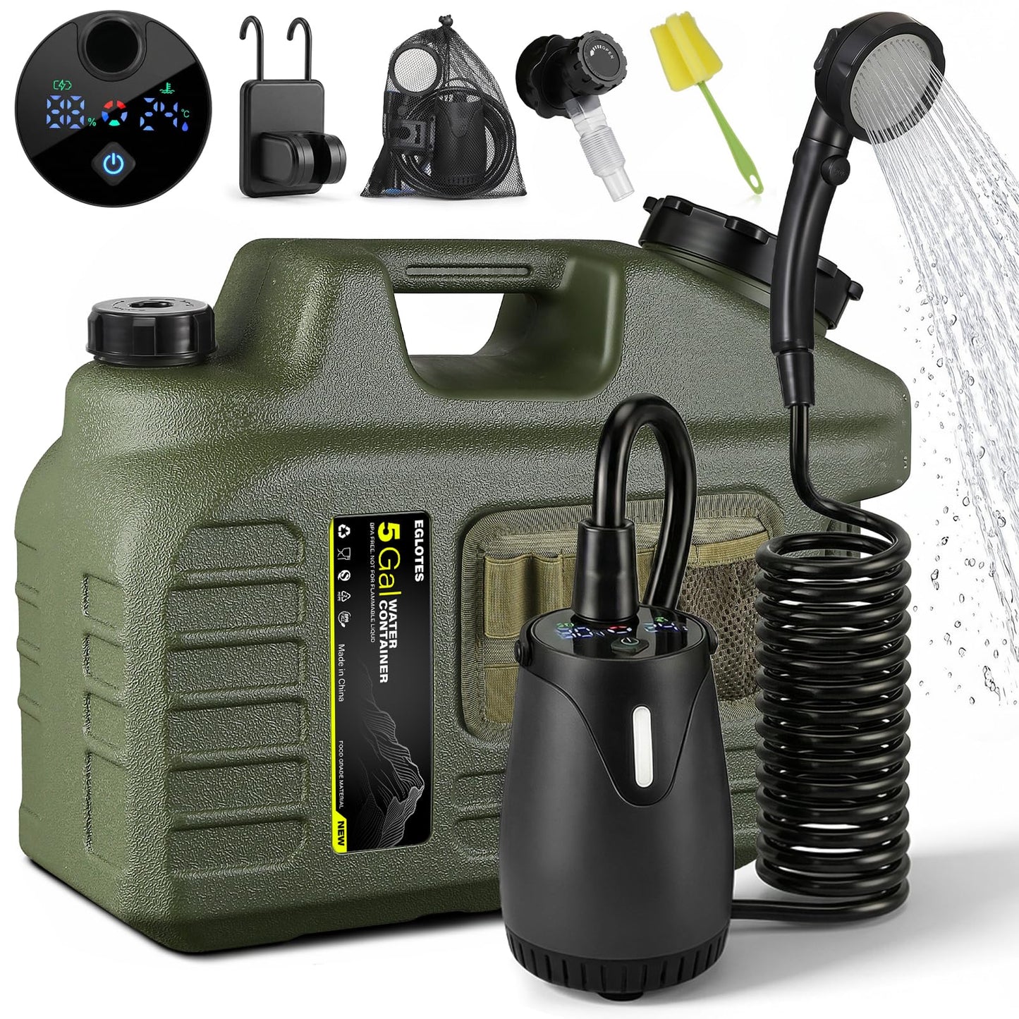 Portable Camping Shower with 5 Gallon Water Jug, 8000mAh Rechargeable Camp Shower Kit, IPX8