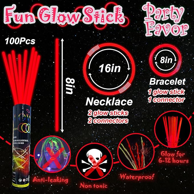ILHSTY 100 Pcs 8'' Red Glow Sticks Glow Necklaces In The Dark Party Favors Supplies Bright GlowSticks Bulk with Accessories for Birthday Christmas New Year Halloween 4th of July Neon Party (Red*100)