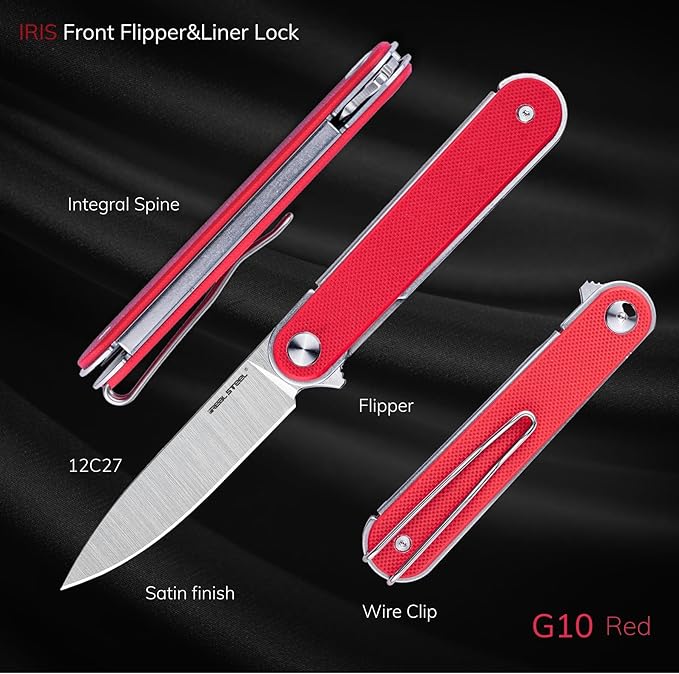 REALSTEEL IRIS Pocket Knife, Folding Knife, Flipper, Liner Lock, 2.99" 12C27 Steel Blade, Lightweight G10 Handle, 1.74oz, Deep-carry Pocket Clip, EDC Outdoor Indoor, Gifts for Men Women Camping Hiking Climbing Fishing (Red G10)