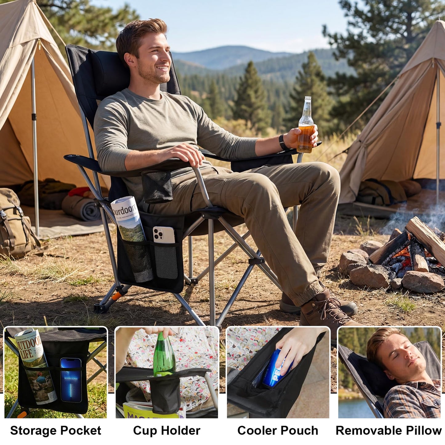 Romswi 2Pack 4-Position Reclining Camping Chair with Removable Footrest, 2-in-1 Adjustable Portable