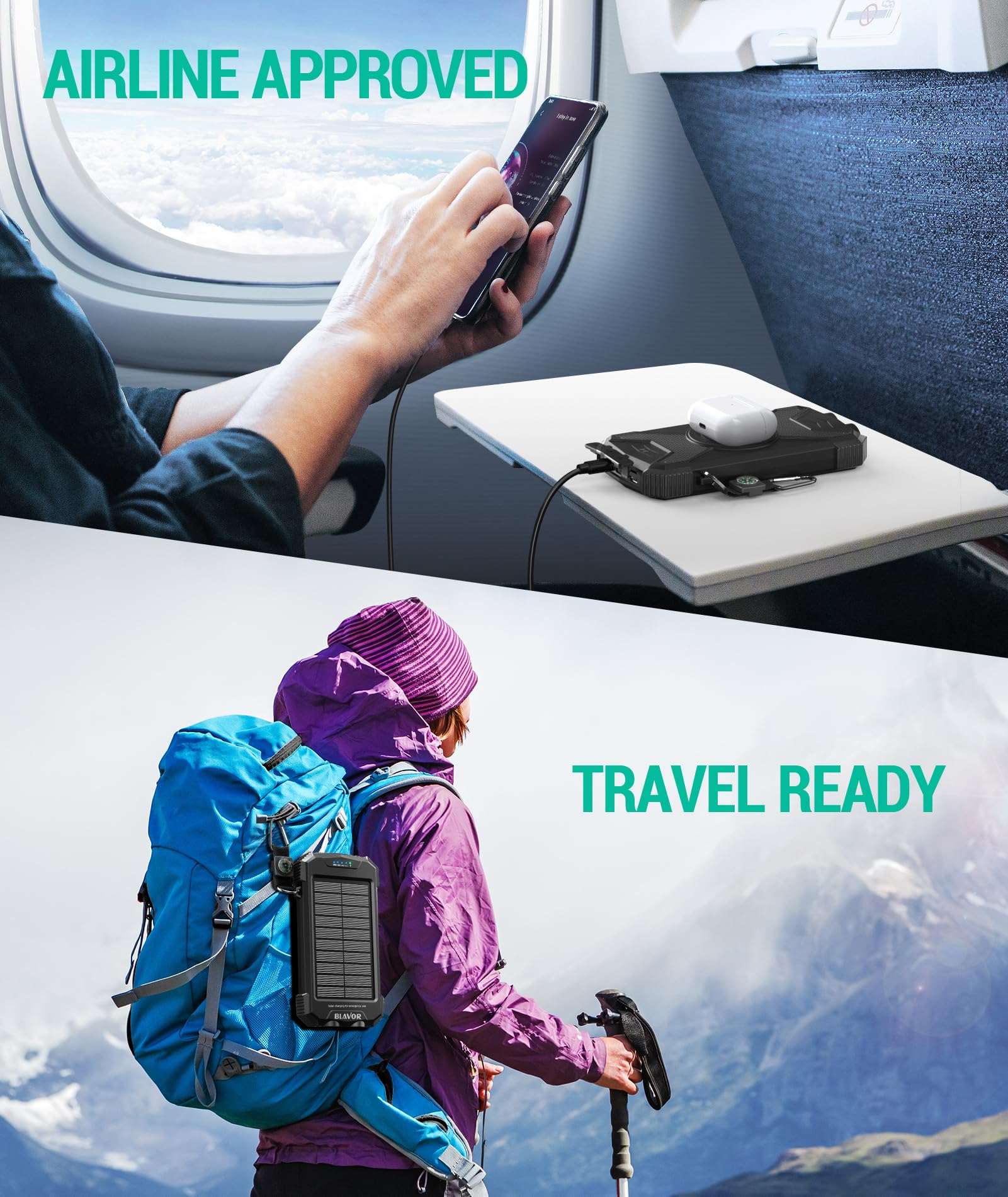 BLAVOR Solar Power Bank 10,000mAh, Portable Wireless Charger, 20W Fast Charging External Battery