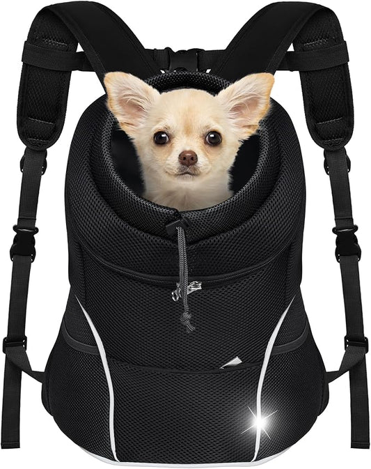 YUDODO Dog Front Carrier Backpack, Adjustable Breathable Pet Carrier for Small Dogs, Ventilated Puppy Back Pack with Safety Belt, Lightweight Doggy Backpack for Hiking Outdoor (Jet Black, M: 4.5-8lbs)