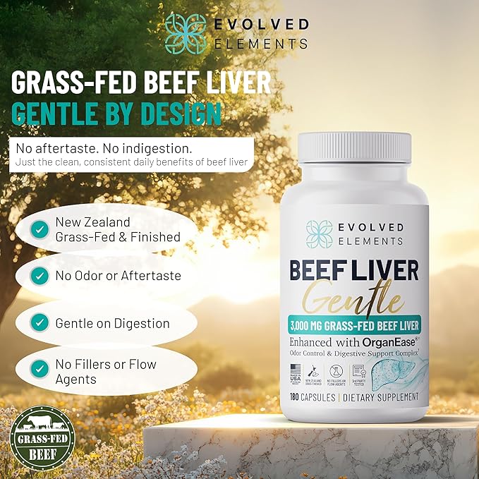 Beef Liver Gentle ??New Zealand Grass-Fed, Grass-Finished Desiccated Beef Liver Supplement with OrganEase® for Odor-Neutral, Smooth Digestion, Clean Taste ??3,000 mg, 180 Capsules