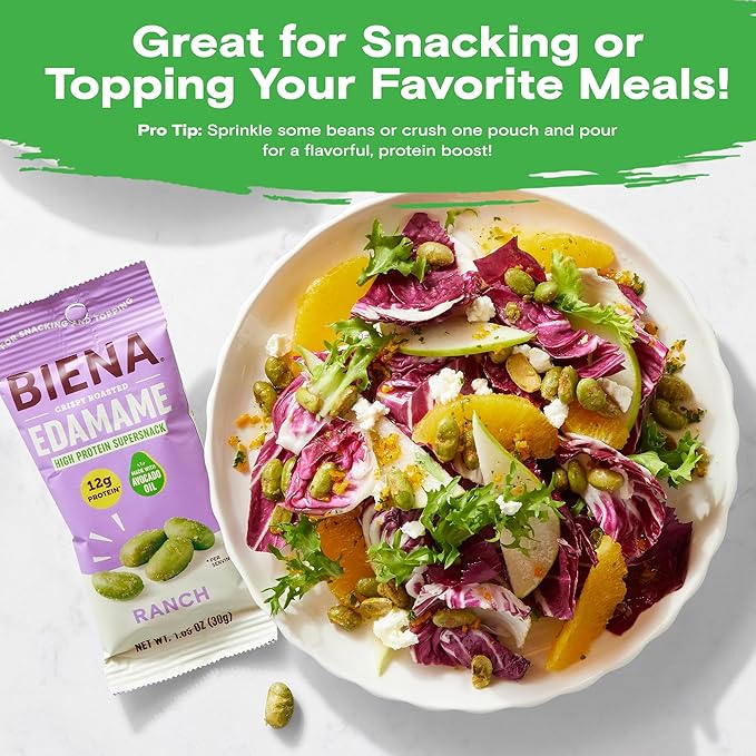 Biena Crispy Roasted Edamame Beans Snack ??High Protein Low Carb Snack for Adults & Kids, 12g Protein per Serving - Made w/Avocado Oil ??Vegan, Gluten-Free ??10-Pack, 1.05oz Bags, Ranch
