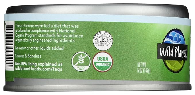 Wild Planet Organic Roasted Chicken Breast With Rib Meat, Skinless and Boneless, Sea Salt, Free Range, Non-GMO, Gluten Free, Keto and Paleo, 5 Ounce Single Unit/Can