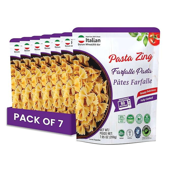 Pasta Zing Farfalle Pasta – Fully Cooked Bow Tie Pasta, Microwave Ready in 60 Seconds, Made with 100% Italian Durum Wheat, Non-GMO, No Preservatives, Halal & Kosher – 7.05 oz (Pack of 7)