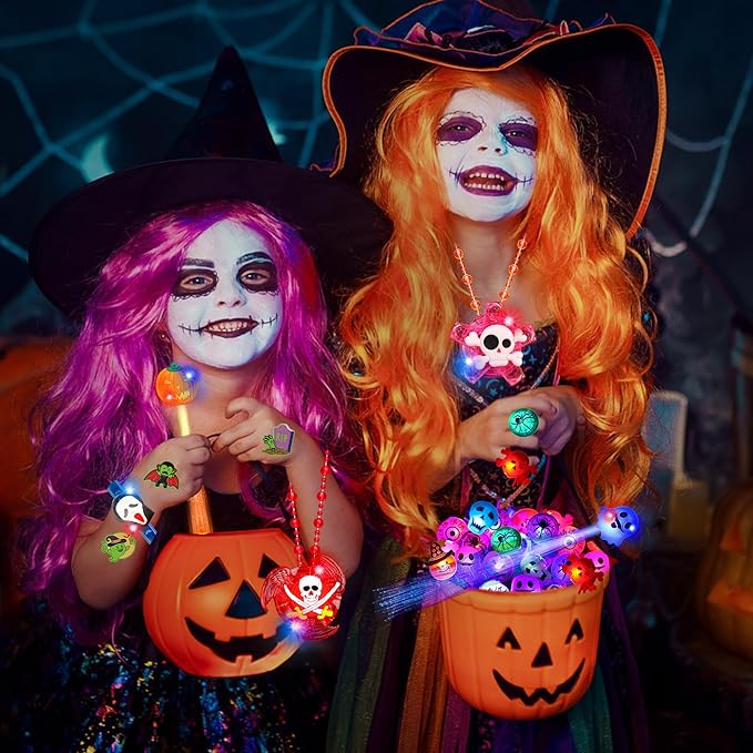 84 PCS Halloween Party Favors for Kids Boys Girls, Glow Light Up Necklace Bracelet LED Rings Bluk Halloween Toys for Trick or Treat, Halloween Goodie Bag Fillers Stuffers Treats Classroom Prizes Gift