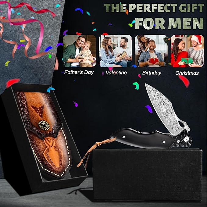 Pocket Knife for Men, Hunting knife with sheath, Damascus Steel Folding knife with Ebony Wood Handle, Survival EDC Knife for Fishing, Meat Cutting, Tactical Knife for Outdoor Camping Hiking