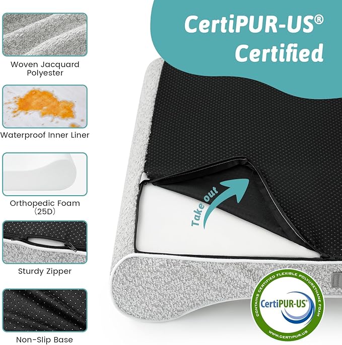 Dog Bed for Medium Dogs up to 65 lbs - Removable Washable Cover with Waterproof Lining & Non-Skid Bottom, Cotton-Polyester Blend Boat-Shaped Lounger Mattress, M(36x24x5.5in), Light Gray