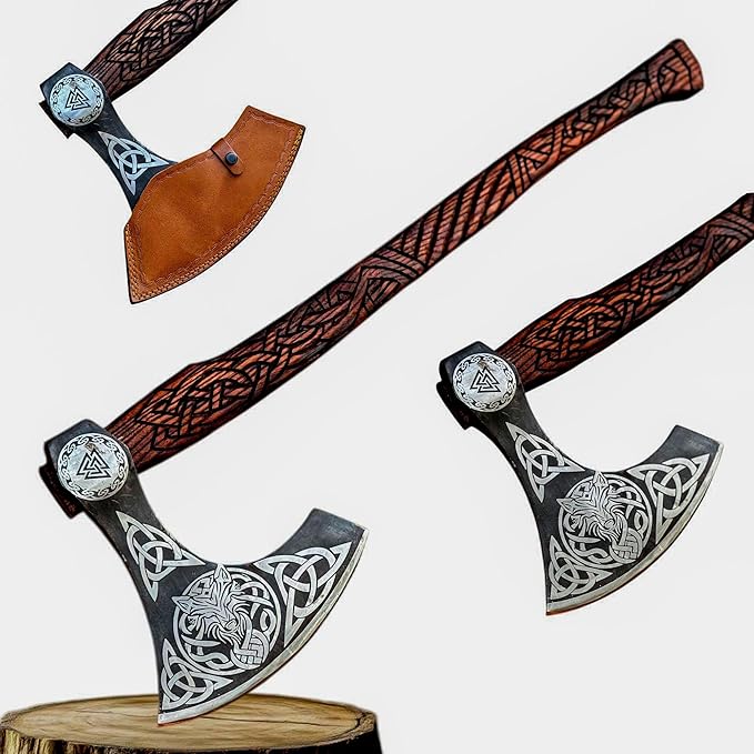 [MDM King Tools] Custom Handmade Viking Axe Medieval Ax with Viking Gift, Hand Axes, Viking Gifts for Men, Camping Tomahawk, Bearded, Ragnar Axe with Leather Sheath (Viking Ax)