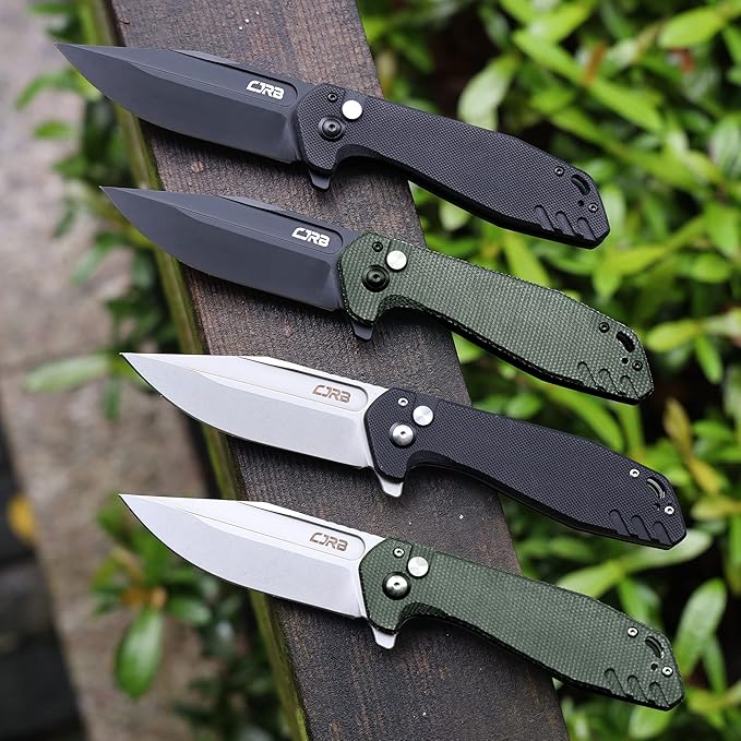 CJRB CUTLERY Folding Knife Riff (J1928) Button Lock Pocket Knife for Men Black PVD AR-RPM9 Steel Blade and Green Micarta Handle for Work Outdoor Hinking Camping