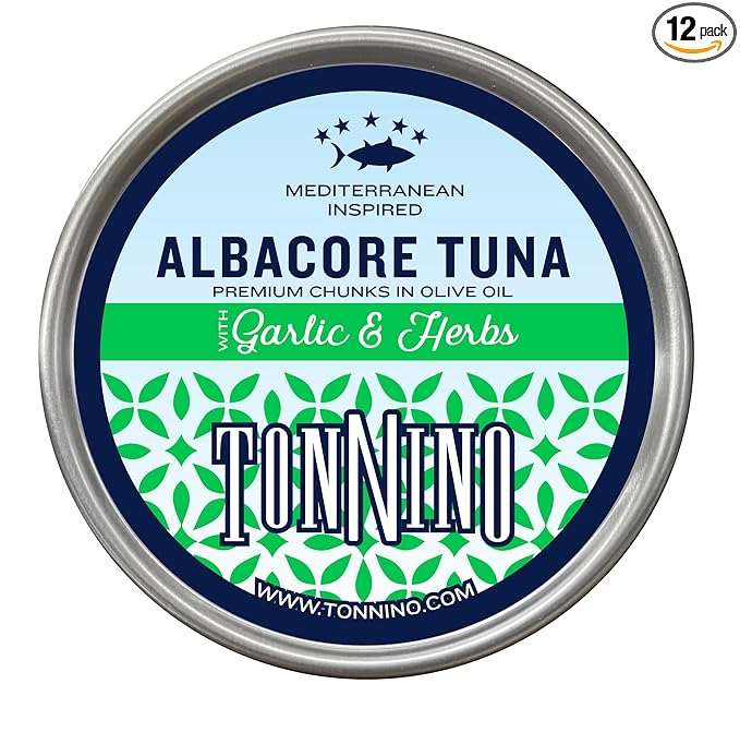 Tonnino Tuna Fish Albacore - Premium chunk in olive oil with Garlic & Herbs ??Pack of 12 ??Alternative to Salmon ??Protein Snacks ??Ready to Eat Meals