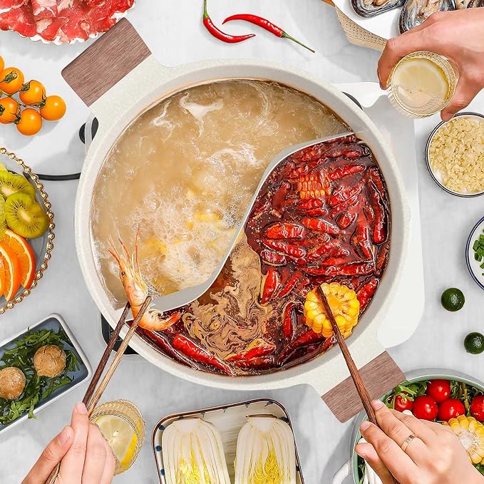 Dezin 5-QT Double-flavor Shabu Shabu Pot with Divider, Dual Sided Nonstick Hot Pot, 12 Inch Divided Stockpot for Cooking, Hotpot for Induction Cooktop, Gas Stove & Hot Burner, Soup Ladle Included