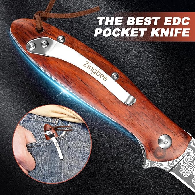 Damascus Pocket Knife with Sheath, 2.87" Damascus Steel Blade Knife with Wood Handle, EDC Folding Knife for Camping Fishing Hiking, Gifts for Men Women