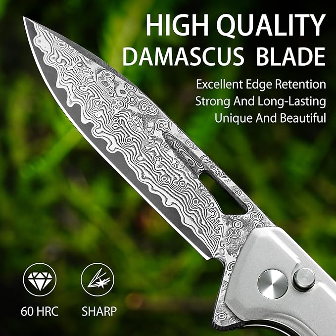 NedFoss ELF Damascus Pocket Knife for Men, 3.3" Button Lock EDC Folding Knife with G10 Handle, Flipper Open, Reversible Deep Carry Pocket Clip, Lightweight Slim Utility Cool Knives for Women