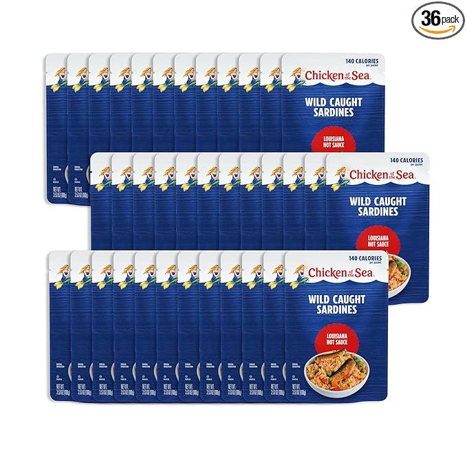 Chicken of the Sea Sardines in Louisiana Hot Sauce, 3.53 oz. Packet (Box of 36), Wild Caught Sardines