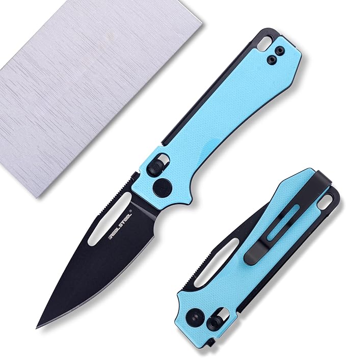 REALSTEEL VIS Pocket Knife, Folding Knife, Crossbar Lock, 2.72" Small 12C27 Steel PVD Black Blade, Thumb Hole, G10 Handle, 1.94oz, Pocket Clip, Versatile Outdoor Indoor EDC Knife, Gifts for Men Women Camping Hiking Fishing Climbing (Blue G10/Black)