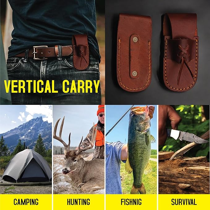 6.5 inch Damascus Pocket Knife with Sheath, Handmade Folding Pocket Knife for Men, Black-Red Wooden Handle with Brass Bolster, Secure Lock Back Camping Knife for EDC,Hunting,Hiking (Brown)