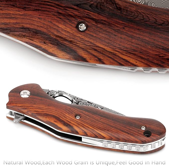 Benkey Damascus Folding Knife, Sharp VG10 Core Damascus Steel Pocket Knives with Natural Wood Handle, Quality Leather Sheath, Ball Bearing, Liner Lock, Lightweight Pocket Knife for EDC Men Women