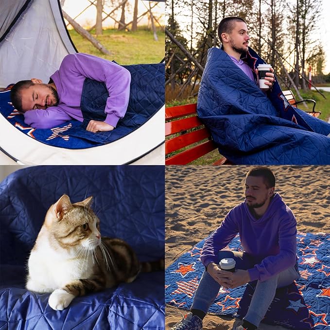 Outdoor Waterproof Blanket, Foldable Fleece Stadium Blanket for Outdoor Sports Event, Camping, Car, Pet, Picnics - Windproof, Wearable, Machine Washable 80" x 58" (Blue Star)