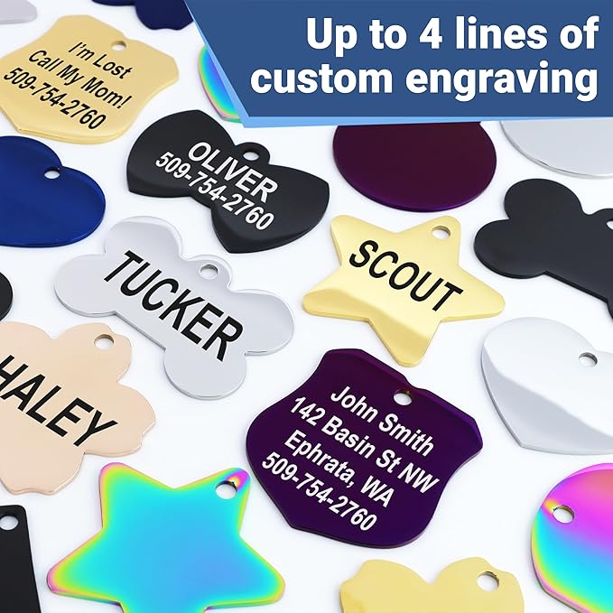 GoTags Stainless Steel Pet ID Tags, Personalized Dog Tags and Cat Tags, up to 8 Lines of Custom Text, Engraved on Both Sides, in Bone, Round, Heart, Bowtie and More (Rectangle, Regular (Pack of 1))