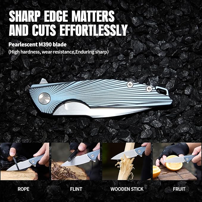 Folding Knife pocket knife EDC Knife With Clip Survival knife Hunting knife - M390 Steel Titanium Handle - Outdoor Hunting Survival Camping knife with Sheath (Blue)