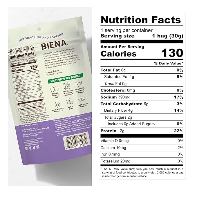 Biena Crispy Roasted Edamame Beans Snack ??High Protein Snack for Adults & Kids, 12g-13g Protein per Serving - Made with Avocado Oil ??Vegan, Low Carb, Gluten-Free ??3-Pack 4.75oz, Ranch