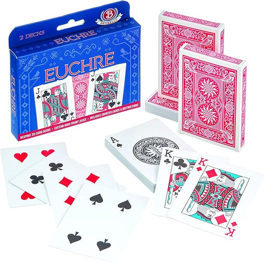 Brybelly Euchre Card Game - 2 Specialty Decks Pre-Stripped for Classic American Euchre or 6-Player Variant - Custom Bower Jacks & Blank Counter Cards Included